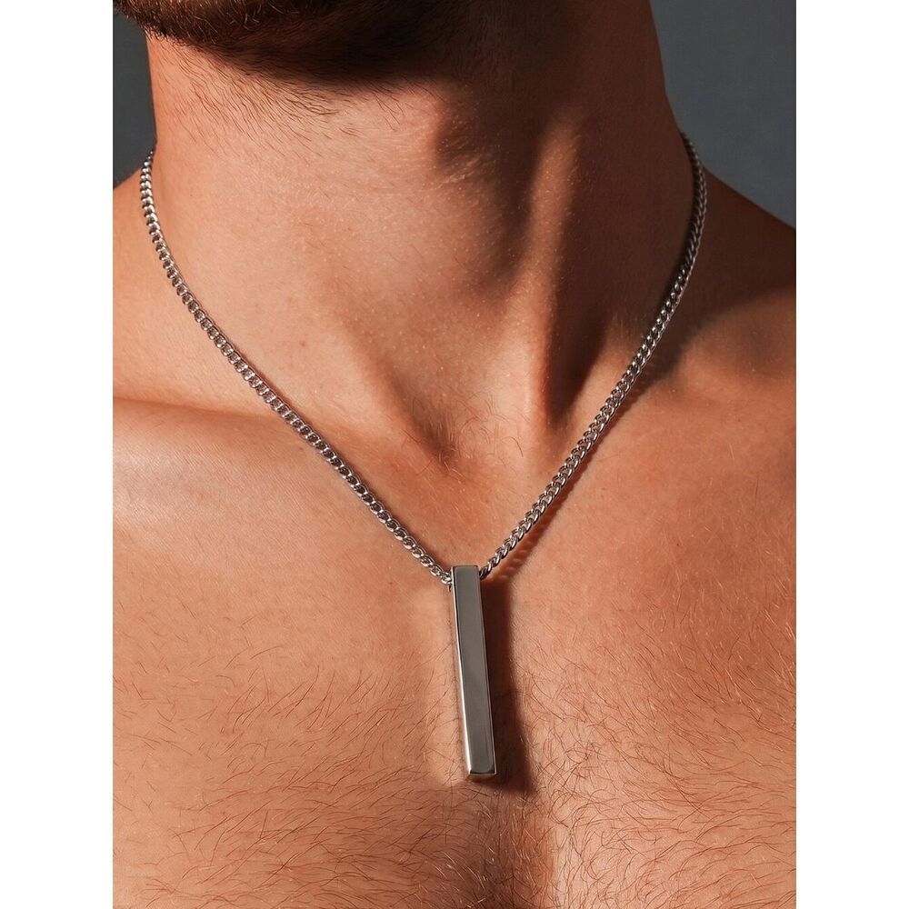Silver Stainless Steel Bar Pendant Necklace 24" Minimal Unisex Vertical Column